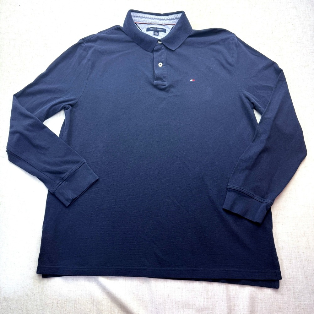 Tommy Hilfiger Polo Mens XL Navy Blue Long Sleeve Pique Cotton Preppy Shirt